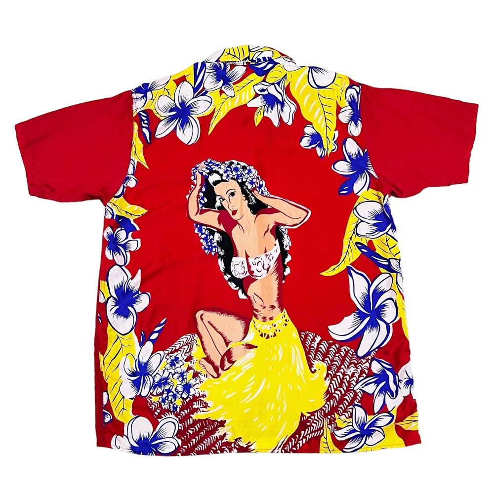 Avanti Silk Hawaiian Shirt Red w Hula Girl Plumeria Flower Straw Skirt Lei Sz L